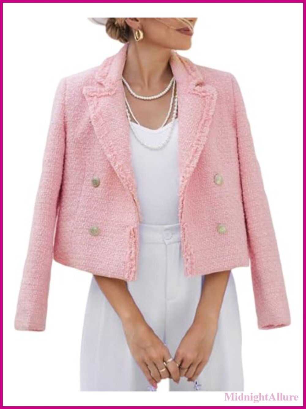 Womens Tweed Blazer Cropped Fringe Trim Double Breasted Jacket
